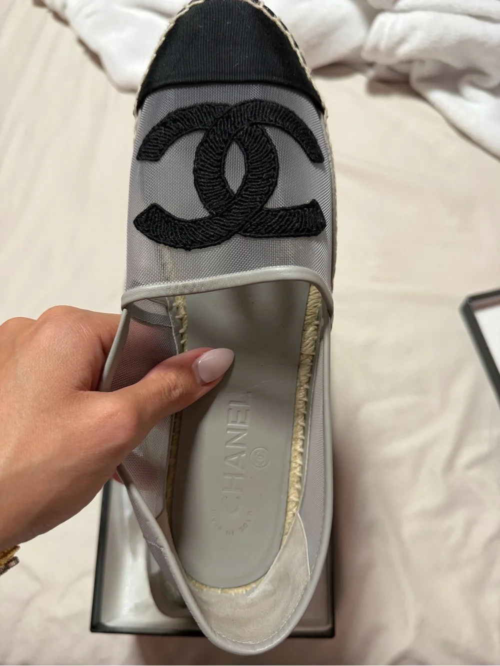 AUTHENTIC CHANEL Black & Gray Mesh Espadrilles with Jute Sole
